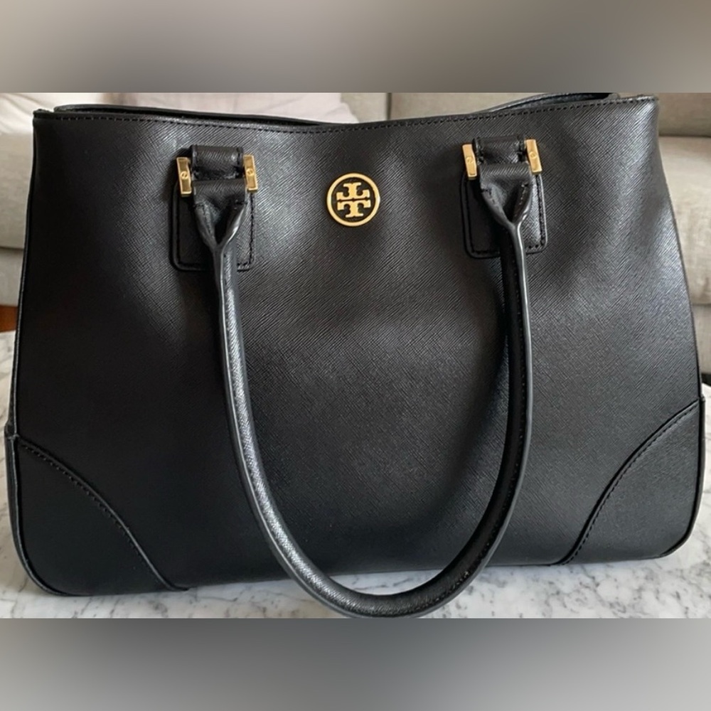 Tory Burch Black Leather Tote with Gold Logo Hardware